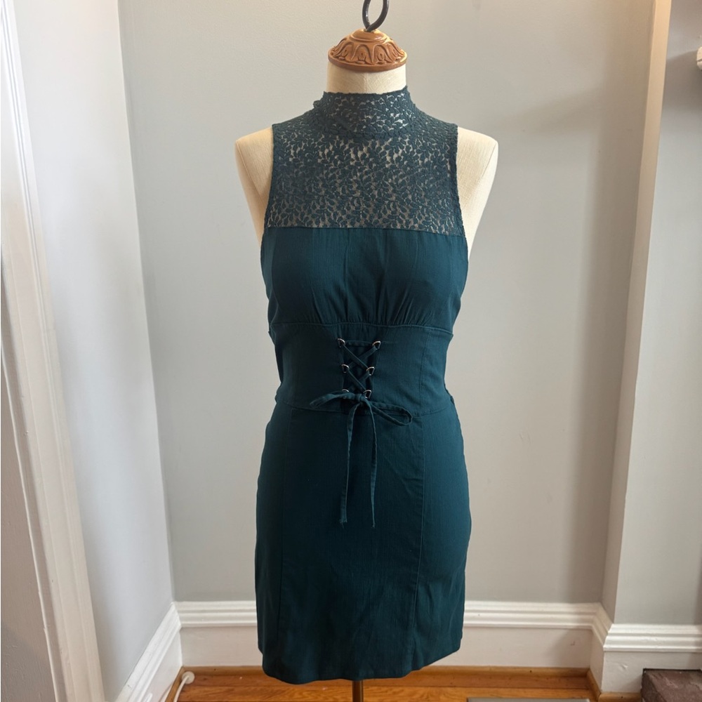 Free People Emerald Lace High-Neck Mini Dress with Corset Tie